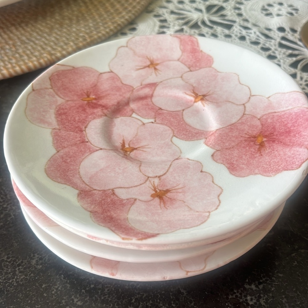 Vintage Ernesto Salerno hand painted ceramic pink floral saucers set of 4